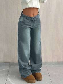 EURMUSE PETITE CASUAL LOW WAIST BAGGY LOOSE STRAIGHT LEG JEAN - Light Wash - View 3