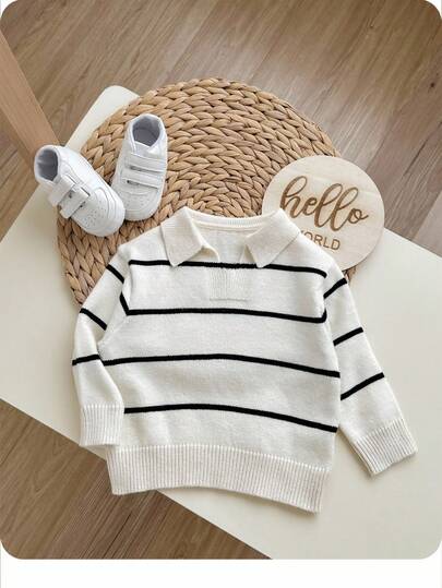 SHEIN 男童撞色简约日常针织长袖毛衣 男童长袖条纹衫 男童条纹上衣 儿童条纹毛衣 波西米亚哥特风 Y2K 锐舞派对 假期 节日 圣诞节 秋冬 复古休闲 舒适
