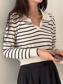 Suéter de rayas para mujer con cuello en V y manga larga, ideal para primavera y otoño - Caqui - Ver 1