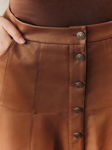 Anewsta تنورة نسائية بقصة A مُنفرجة من جلد PU البني بطراز الشارع الأنيق، مناسبة للحفلات والحفلات الموسيقية - بني - مشاهدة 4