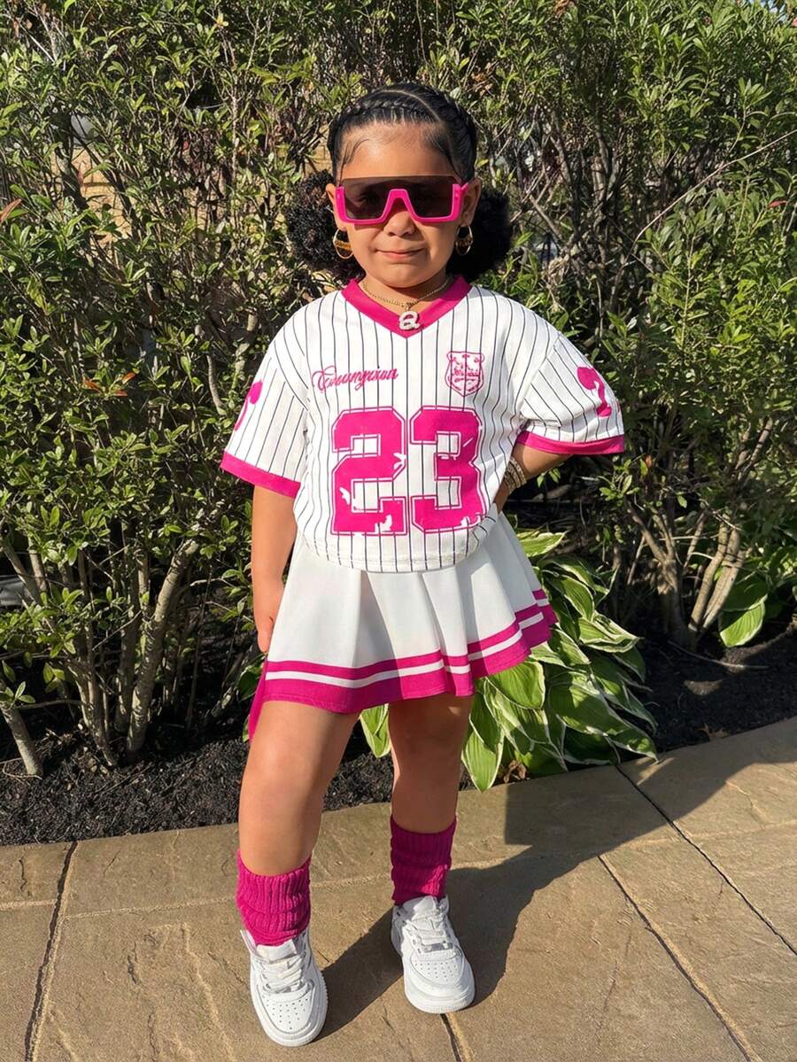 2pcs Young Girls Basketball Jersey Outfit, Numeric Print T-Shirt And Skirt Set, Casual Daily Fashion Versatile Streetwear - Multicolor - View 1