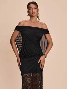 SHEIN BAE Black Sexy One-Shoulder Ruffle Lace Patchwork Fishtail Bodycon Elegant Dress, Black Dress, Valentine's Day Date Dress, Bridesmaid Mini Dress, Elegant Dress, Valentine's Day - Black - View 6