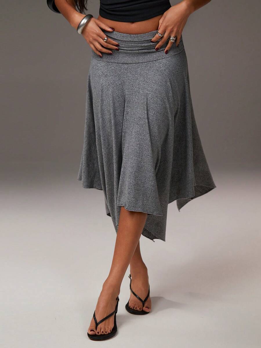 Athîral Women's Fashionable, Casual, Resort-Style, Everyday Commuting, Asymmetrical Hem, Low-Waisted Gray Midi Skirt (Belt Not Included), Gray Irregular Midi Skirt, Soft And Comfortable Knit Fabric With Stretch,Vacation Outfits Women,Casual Skirt,Holiday Outfits For Women,Spring Outfit Women,Summer Holiday Outfits,Gray Skirt