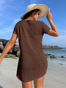 Swim Vcay 女士夏季穿搭 时尚纯色镂空沙滩罩衫，夏季度假风 - 棕色 - 查看 2