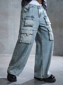 ROMWE MEN Street Life Men's Loose Casual Fashion Utility Blue Jeans - Blue - View 4