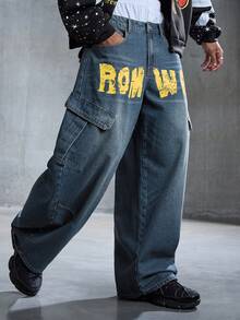 ROMWE MEN Street Life 男士蓝色字母印花工装裤 - 藍色 - 查看 4