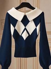 SHEIN Franclia Stylish Ladies Regular Length Argyle Pattern Sweater Featuring A Collar Neckline And Ribbed Hem Design - Multicolor - View 7