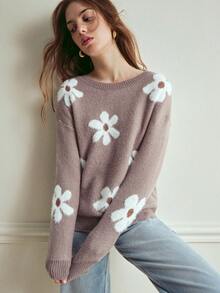 Écloséra Women's Casual Fluffy Flower Pattern Round Neck Drop Shoulder Long Sleeve Knit Pullover Sweater, Autumn/Winter