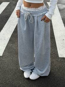 Muchica Women's From Spring To Summer Street Style Casual Sporty Basic French Gray Stretch Lace Waist Belt Straight Leg Loose Pants Y2K - Grey - View 5