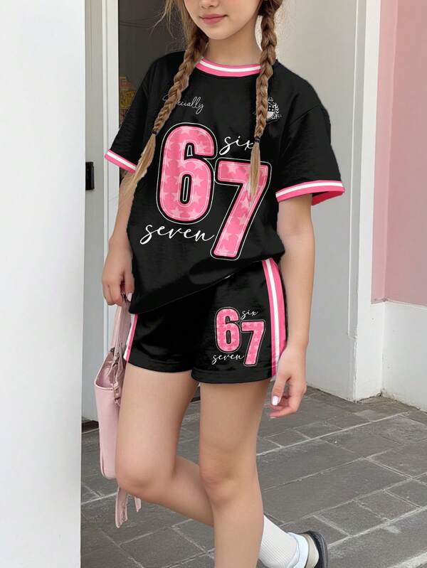 Set de 2 piezas de camiseta de manga corta con cuello redondo y estampado gráfico a rayas, y shorts, estilo casual para adolescentes, adecuado para uso diario en primavera/verano, ropa de casa, deportes, escuela