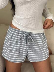 CovetEZ Quần short nữ kiểu dáng thường ngày, kẻ sọc, có dây rút. - Xám - Xem 3