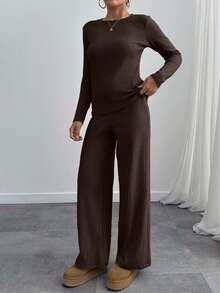 EURMUSE Women 2 Piece Casual Long Sleeve Top And Pants Set - Brown - View 4