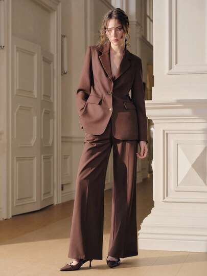 Anewsta Elegant Modern Enfärgad V-ringad Vadderad Axel Kavaj & Byxa Damkostym