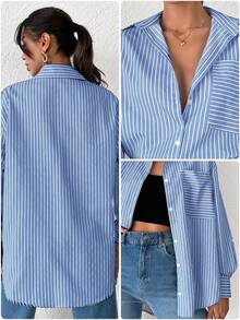 EURMUSE Áo sơ mi cotton kẻ sọc in họa tiết, có túi và vạt chéo, kiểu dáng vai rớt. - Màu xanh lam - Xem 6