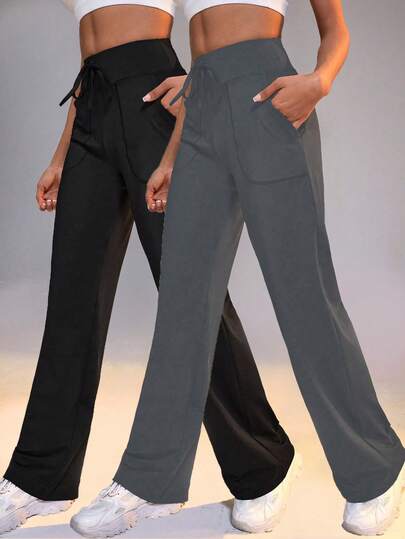 SHEIN Velisys 2PCS Casual Solid Color Drawstring Waist Sports Pants Tall Women Pants Dance Studio Pants Wide Leg Yoga Pant Flare Workout Pants Loose Pants