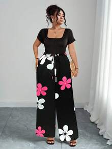 SHEIN Tall 大码女式印花方领短袖阔腿连体裤 - 黑色 - 查看 4