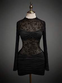 SHEIN ICON Flocked Mesh Patchwork Sheer Ruched Long Sleeve Mini Dress - Black - View 5