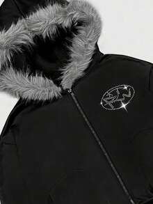 ROMWE MEN Casual Felpa con cappuccio da uomo con chiusura lampo, manica lunga, con inserti in pelliccia sintetica e decorazioni in strass - Multicolore - Visualizzare 4