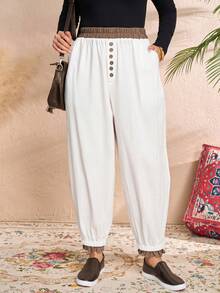 Rusticease Plus Size Women's Fall/Early Spring Casual Fashion Vacation Vintage Casual Country Patchwork Contrast Color Ruffle Button Decor White Pants With Pockets, , Plus Size  Suitable For Early Spring, Going Outs,2026 New ,Simple And Fashionable For Everyday Wear, White Beach Pants, Women Summer Pants, Vacations Women ,Holidays For Women, Spring Women, Valentine's Day ,Valentines For Women, - White - View 4
