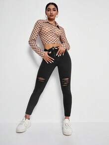 SHEIN PETITE Distressed Skinny Fit Pencil Leg Jeans - Black - View 3