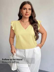 大码优雅通勤女式V领荷叶边短袖红色节日简约夏季衬衫，适合教师穿着 - 黃色 - 查看 1