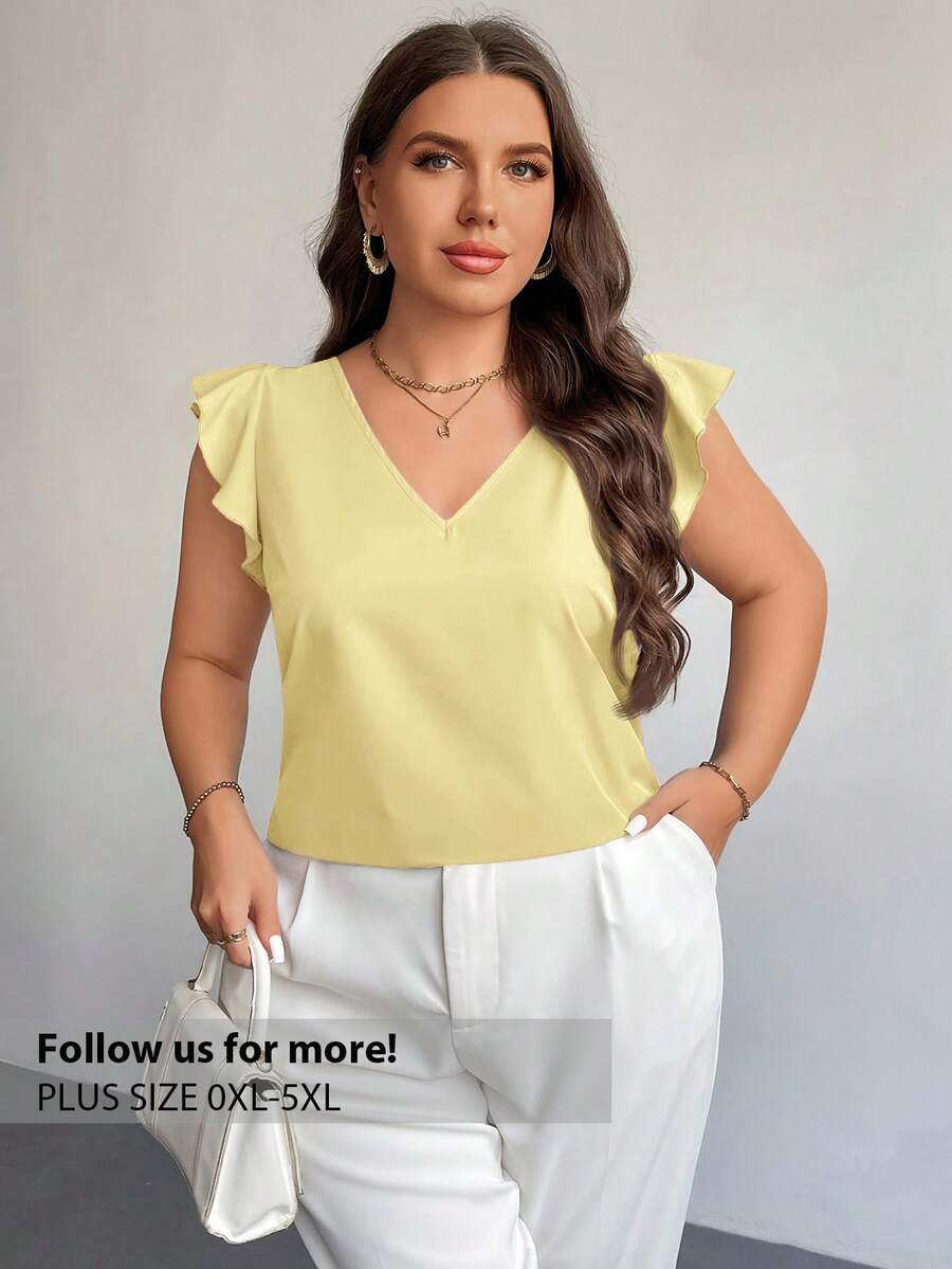 大码优雅通勤女式V领荷叶边短袖红色节日简约夏季衬衫，适合教师穿着 - 黃色 - 查看 1