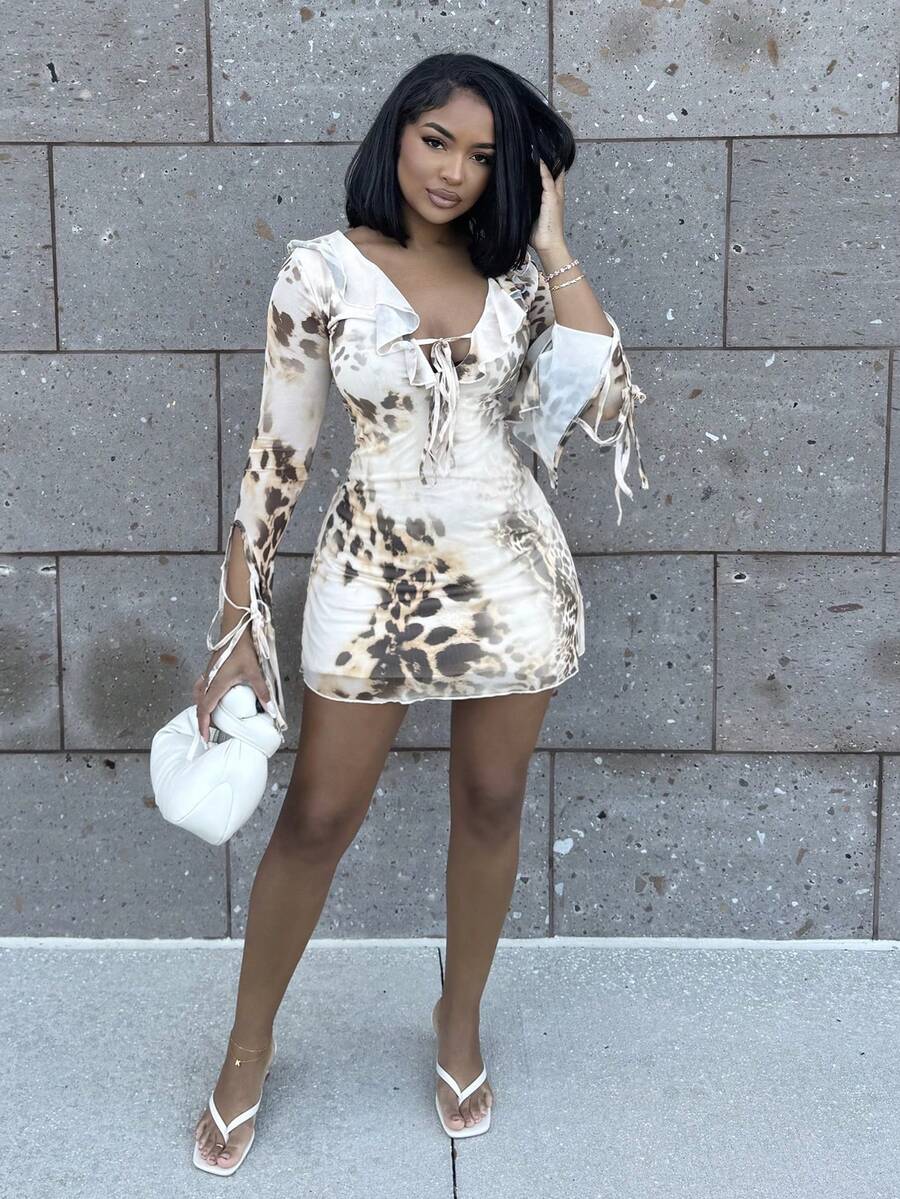 Alexandranx Váy dài tay buộc trước họa tiết da báo dành cho nữ - Màu be - Xem 1