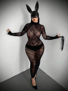 Whyspr Plus Size Women Sexy Long Sleeve Hollow Out Dress Valentines Casual Punk - Black - View 6