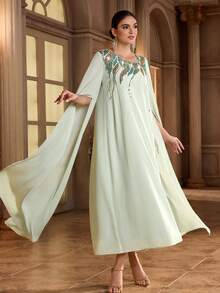 Al Najma Women's Elegant Sequin Decorated Poncho Sleeve Turkish Maxi Dress,Arabic Traditional Abaya Kaftan Jalabiya,Luxury Evening Wedding Party Sage Dresses - Green - View 5