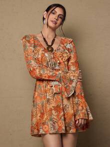 SHEIN VCAY Đầm maxi dáng bohemian cổ chữ V in hoa tay bồng có thắt lưng dành cho nữ cỡ lớn, thích hợp cho mùa xuân/thu. - Gỗ đỏ - Xem 2