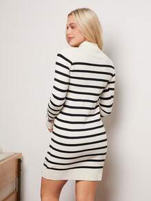 SHEIN LUNE 條紋圖案小立領補丁口袋不附腰帶毛衣連衣裙