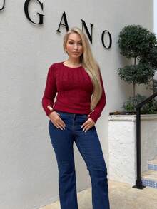 Cioccolato Pull slim avec col rond nervuré, avec décoration de boutons, style élégant et décontracté pour l'école. Convient pour les femmes.