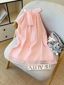 Franclia Women's Fashion Sexy Bow Tie Sheer Blouse Pink Halter Dress Pink Dress Pink Bow Dress Bow Dress Halter Dress Halter Neck Dress Sleeveless Dress Bow Detail Dress Sleeveless Pink Dress Chiffon Pink Dress - Pink - View 4