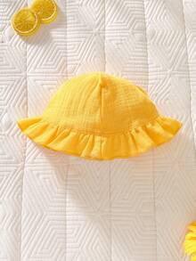 SHEIN 夏季新生女宝宝杏色圆领荷叶边卡通樱桃印花无袖红色蝴蝶结连衣裙，搭配红色帽子，优雅可爱 - 黃色 - 查看 8