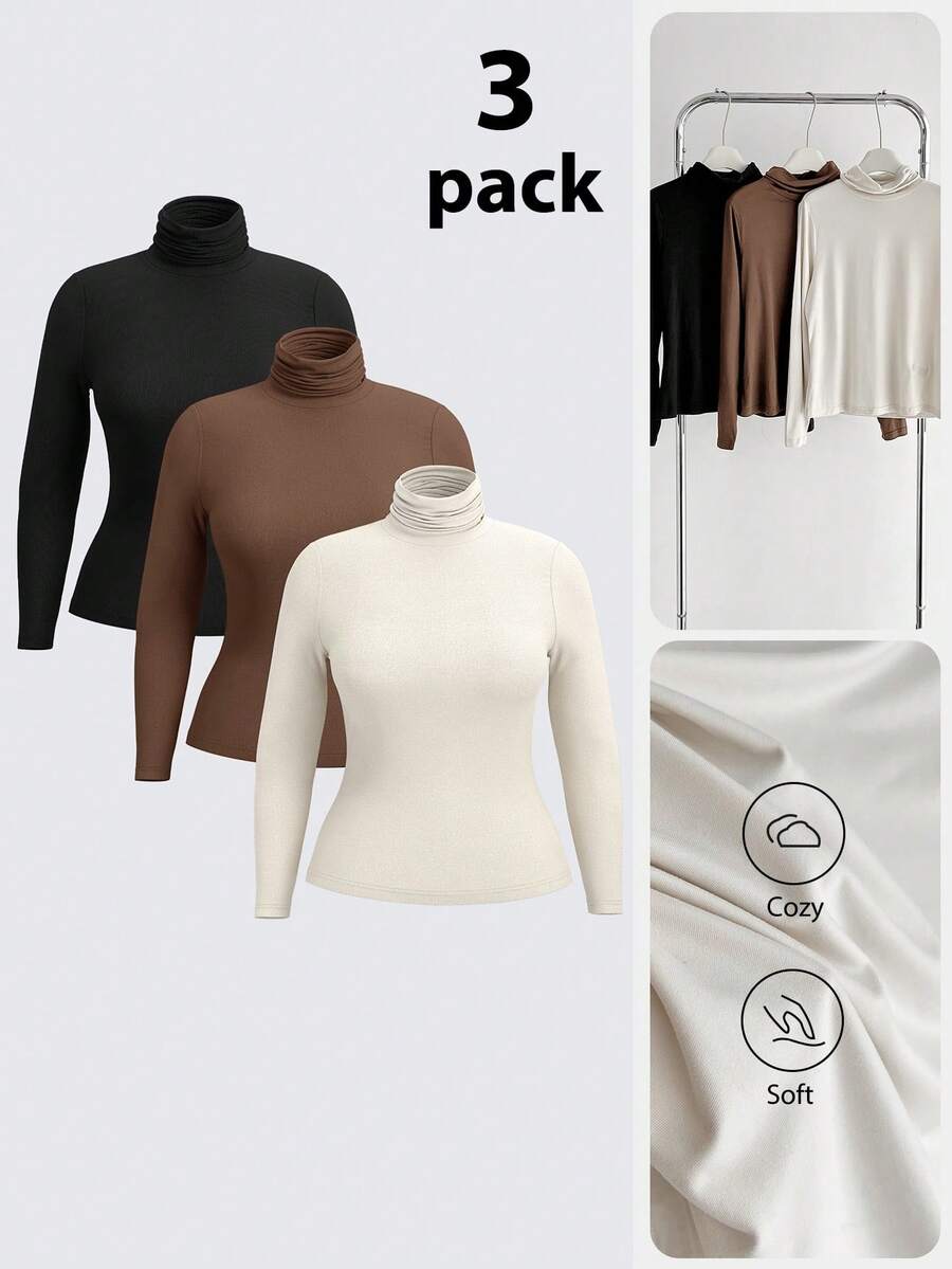 SHEIN BASICS Bộ 3 áo thun dài tay cổ cao, màu trơn, dáng ôm, cỡ vừa, dành cho người có vóc dáng đầy đặn.