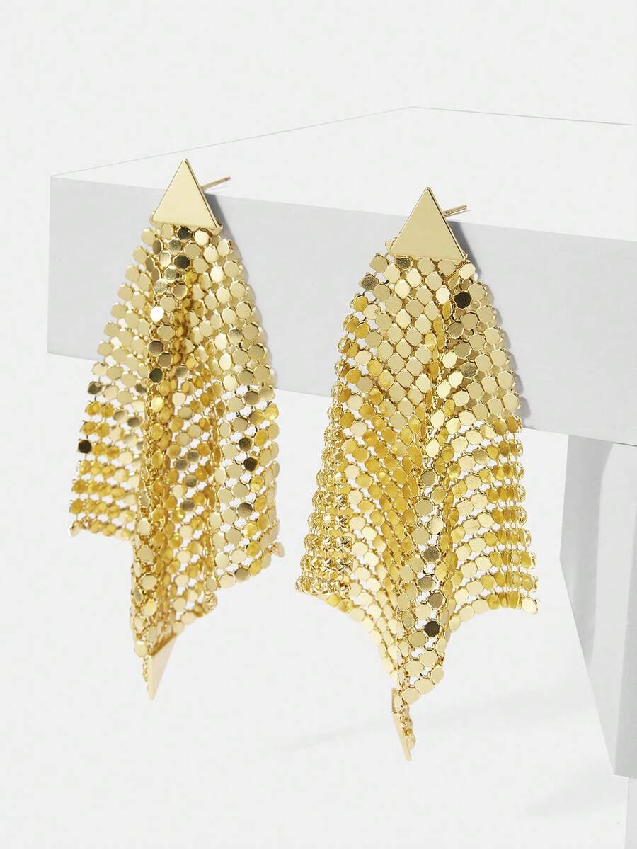 MOTF PREMIUM 18K镀金不对称三角形网状长耳环 - 金色 - 查看 2
