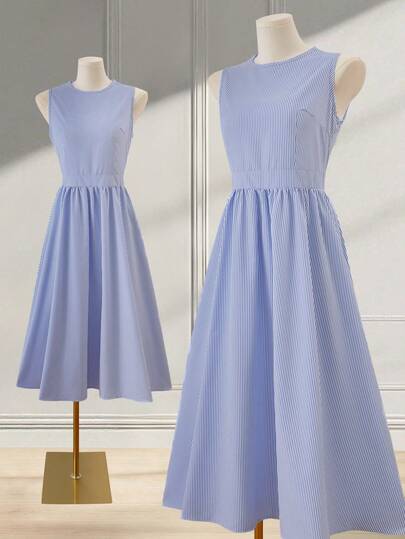 Franclia Women's Casual Striped Sleeveless Slim Fit Dress, Blue & White, Spring/Summer