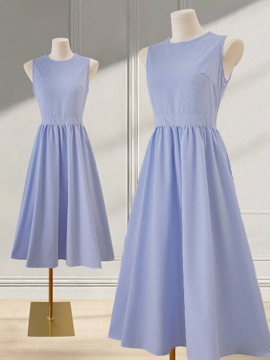 Franclia 女士休闲条纹无袖修身连衣裙，蓝白相间，春夏款 - 藍色 - 查看 1