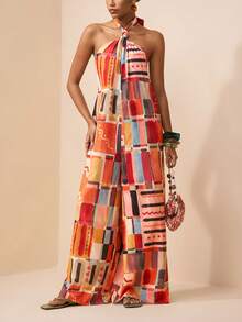 Zivah 2026春夏新款音乐节、复活节、母亲节、婚礼季、婚礼宾客、生日派对、日常休闲穿着、百搭基础款、休闲、邮轮旅行、海滩、日光浴、爆款、街头风、优雅、休闲、露背吊带、性感露背、扭结超宽松阔腿裤、多色格子复古印花女士连体裤 - 彩色 - 查看 7