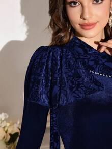 Modelyn Đầm nhung đen thanh lịch đính đá và ruy băng cho nữ, thích hợp cho mùa Thu/Đông. - Xanh đậm - Xem 4