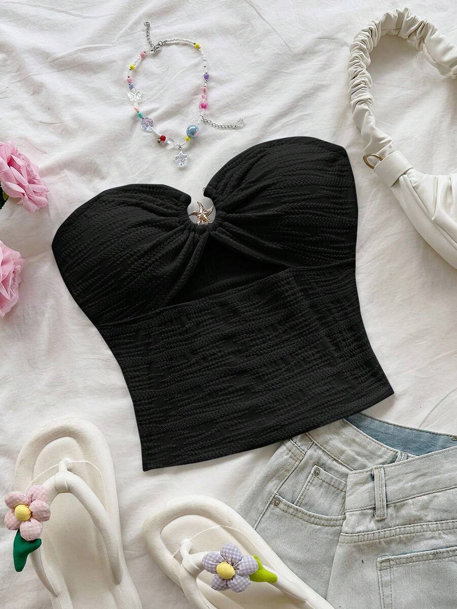 Soleia 女士度假风海星纹理镂空抹胸露脐上衣，性感适合派对、约会、下午茶、海滩等夏季穿着，黑色无肩带可爱抹胸上衣 - 黑色 - 查看 1