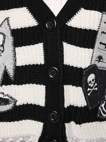 ROMWE Women's Y2K Dark Gothic Striped Patchwork Sewing Line Weapon Skull Bat Crow Saw Pattern Lace Trim Loose Cardigan, Autumn/Winter - Multicolor - View 8