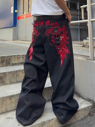 Herren Lässig Jeans mit Buchstaben- und Flügel-Stickerei in Loose Fit