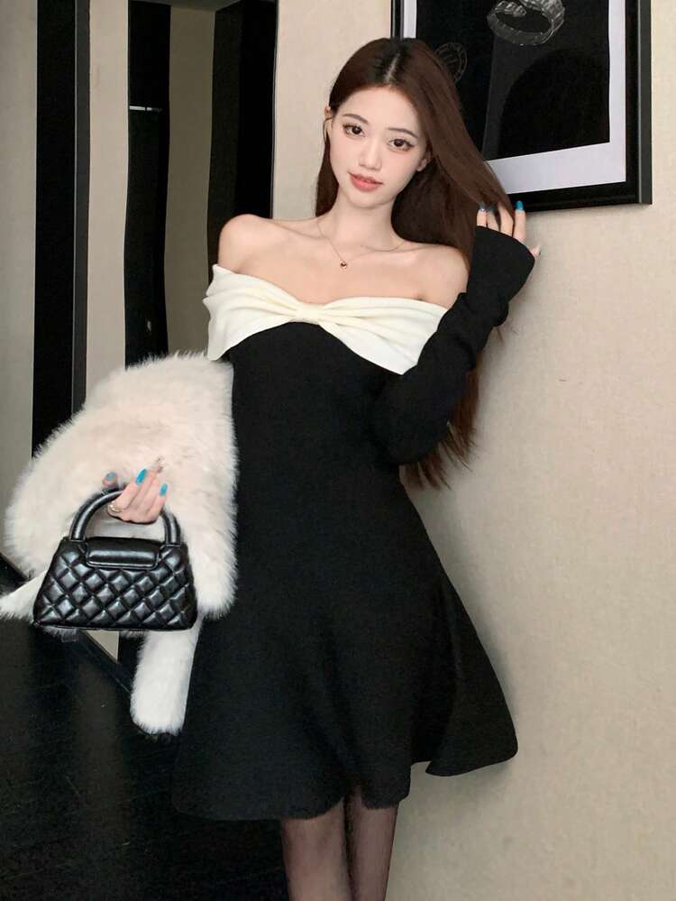 Women's Off Shoulder Contrast Color Bow Tie Strap Party Knit Dress, Korean Style, Autumn/Winter