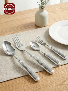 Madebyblanc 1/2 Bộ đồ ăn bằng thép không gỉ có tay cầm bằng gốm, bề mặt đánh bóng có họa tiết sọc Thìa tráng miệng, nĩa ăn tối và thìa để bàn bằng gốm - Dụng cụ nhà bếp sáng tạo bao gồm nĩa, thìa cà phê và thìa súp, lý tưởng cho bữa ăn hàng ngày - Nhiều màu - Xem 1