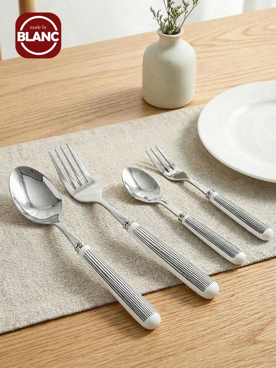 Madebyblanc 1/2 Bộ đồ ăn bằng thép không gỉ có tay cầm bằng gốm, bề mặt đánh bóng có họa tiết sọc Thìa tráng miệng, nĩa ăn tối và thìa để bàn bằng gốm - Dụng cụ nhà bếp sáng tạo bao gồm nĩa, thìa cà phê và thìa súp, lý tưởng cho bữa ăn hàng ngày - Nhiều màu - Xem 1