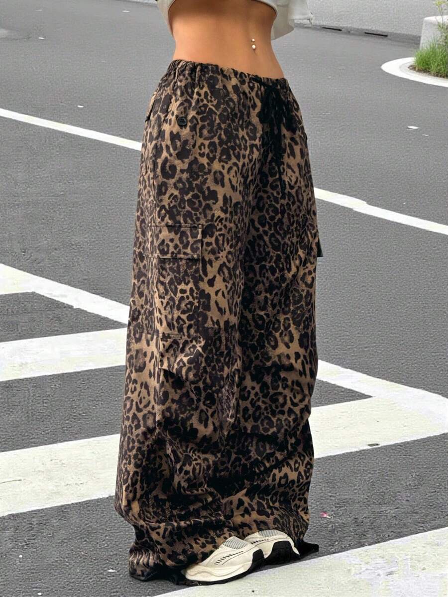 SHEIN EZwear Women's Leopard Print Drawstring Waist Parachute Cargo Pants - Brown - View 1