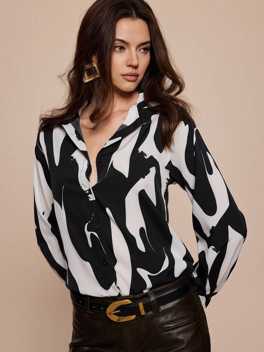 Leighera Áo sơ mi nữ dài tay kiểu công sở, màu đen trắng, mùa thu. - màu đen - Xem 1