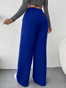 EURMUSE Women's Solid Color Drawstring Waist Wide Leg Pants - Royal Blue - View 2