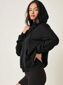 EURMUSE Cotton Drop Shoulder Zip Up Drawstring Thermal Hoodie - Black - View 5